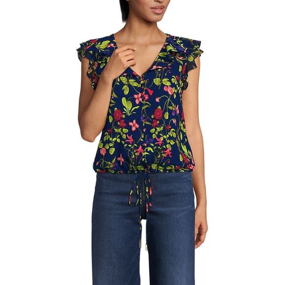 Lands’ End Deep Sea Garden Floral Chiffon Ruffle Sleeve Bubble Hem Blouse Medium - Picture 1 of 9
